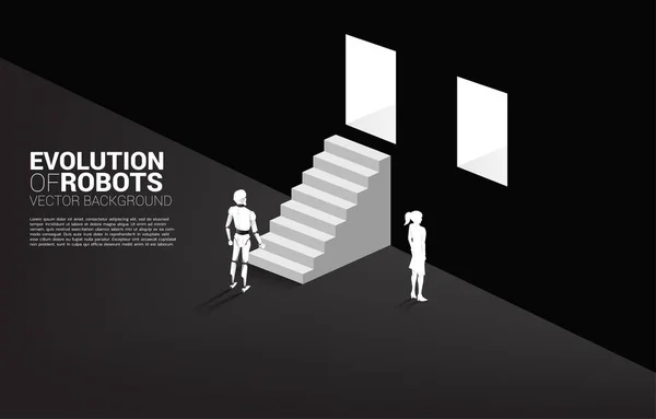 壁にはビジネスマンとロボットとドアを出るための階段を持つ唯一のロボット 機械学習のビジネスコンセプトとAi 人工知能人間対ロボット — ストックベクタ