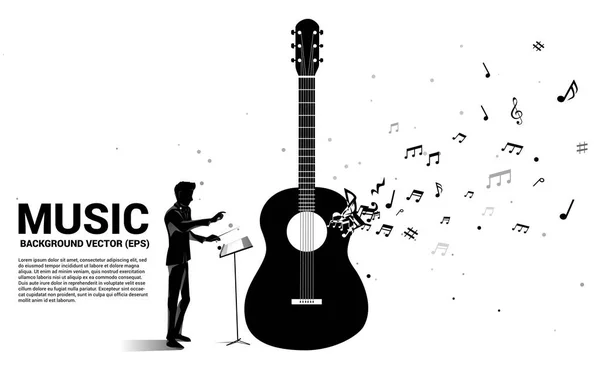 音楽メロディーノートダンスフロー形状のギターアイコンと指揮者のベクトルシルエット 歌とギターのコンサートテーマのコンセプト背景 — ストックベクタ