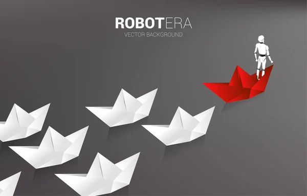 白をリードする赤い折り紙船のロボット 人工知能と機械学習労働者技術の概念は — ストックベクタ