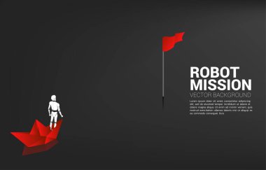 Origami teknesinde kırmızı bayrakta duran robot. Yapay zeka ve makine öğrenme işçi teknolojisi kavramı