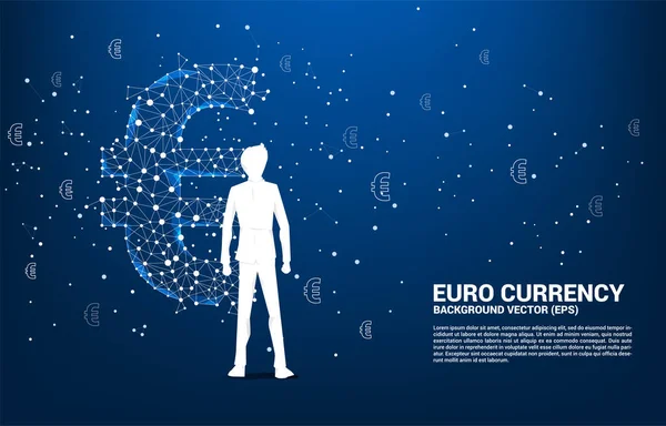 Silhouette Businessman Standing Money Euro Currency Icon Polygon Dot Connect — Stock Vector