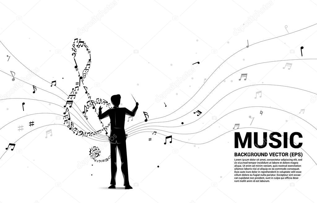 Vector silhouette of conductor with music melody shape sol key note dancing flow . Concept background for song and concert theme.