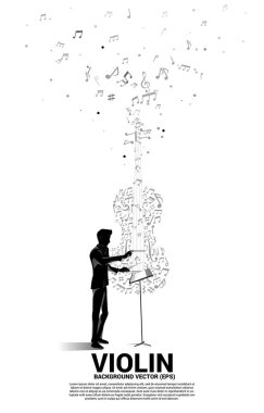Kondüktör elin silueti ve müzik melodisi dans notası, akış şekli, keman ikonu. Şarkı ve konser teması için kavram arkaplanı.