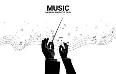 Kondüktör elin vektör silueti. Müzik notaları ve dans akışı. Klasik müzik konseri ve eğlence için kavram arka planı.