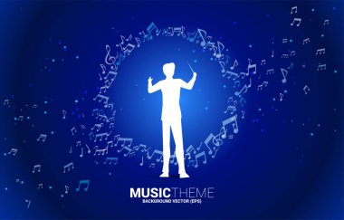 Vector silhouette of conductor with music melody note dancing flow . Concept background for classic music concert and recreation. clipart