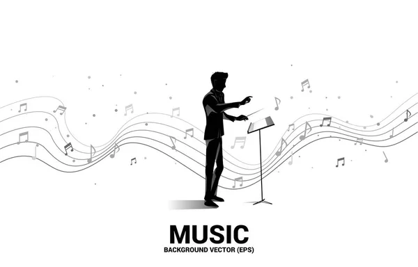 Vector Silhouette Conductor Standing Flying Music Note Concept Background Orchestra — Stock Vector