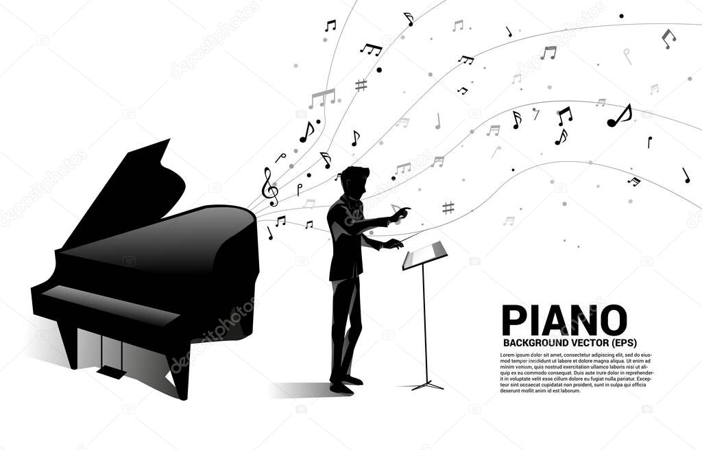 Vector silhouette of conductor with grand piano with music melody note dancing flow. Concept background for song and concert theme.