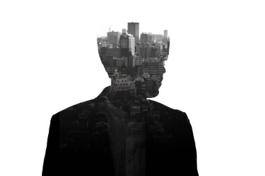 Beyaz geçmişi olan, düşünen iş adamının silueti. İş ve düşünce kavramı.