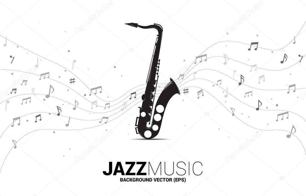 Vector music melody note dancing flow from saxophone . Concept background for jazz song and concert theme.