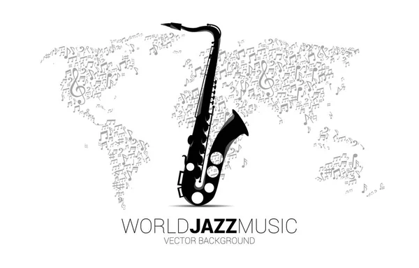Vektor Saxophon Und Weltkarte Aus Musik Melodie Note Tanzfluss Konzeptioneller — Stockvektor