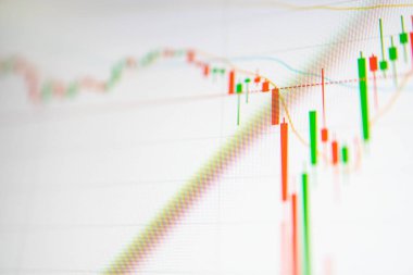 Dijital ekranda Yeşil ve Kırmızı Mum grafiğini kapat. Finansal ve hisse senedi grafiği kavramı.