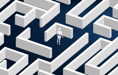 Robot labirentin ortasında duruyor. Sorun çözme ve çözüm stratejisi için iş kavramı