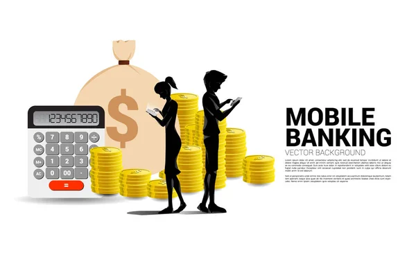 Vector Silhouet Man Vrouw Met Mobiele Telefoon Stapel Dollarmunten Concept — Stockvector