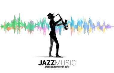 Müzik Dengeleyicisi arka planında duran insan ve saksafonun vektör silueti. Klasik müzik konseri ve eğlence için kavram arka planı.