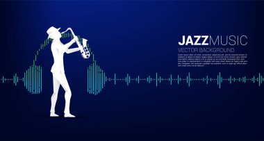 Kulaklıklı, müzik eşgüdümlü, saksafon ve erkeğin vektör silueti. Klasik müzik konseri ve eğlence için kavram arka planı.