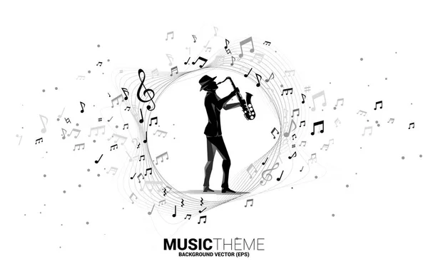 Flujo Nota Melodía Música Vectorial Con Hombre Saxofón Concepto Fondo — Vector de stock