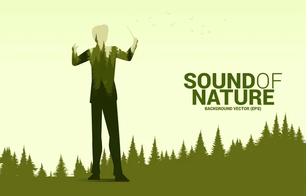 有绿林的矢量音乐管弦乐队指挥 自然和春天音乐的背景概念 — 图库矢量图片