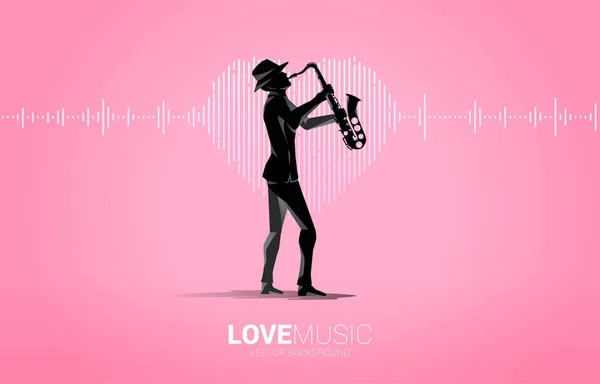 Vektor Silhouette Des Saxofonisten Mit Sound Wave Heart Icon Music — Stockvektor