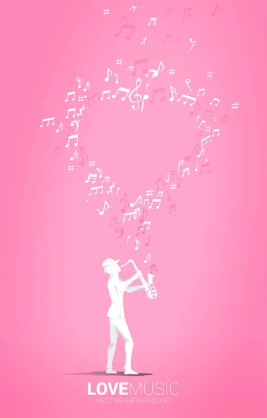 Silhouette Vectorielle Saxophoniste Debout Avec Note Musique Volant Forme Cœur — Image vectorielle