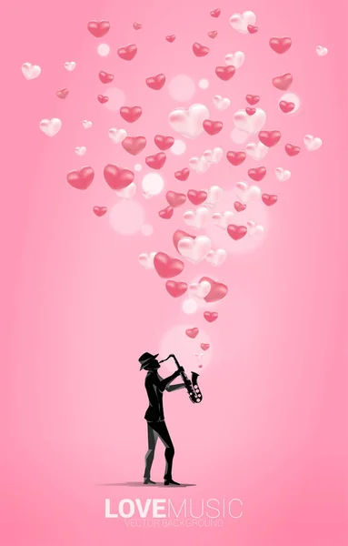 Vector Silhouette Saxophonist Standing Heart Balloon Flying Concept Background Love — Stock Vector