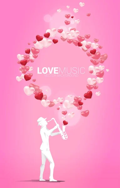 Vector Silhouette Saxophonist Standing Heart Balloon Flying Concept Background Love — Stock Vector