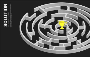 Labirentin ortasında altın kupa. Sorun çözme ve çözüm stratejisi için iş kavramı