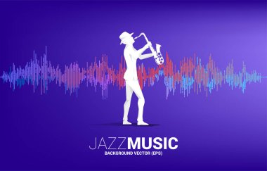 Müzik Dengeleyicisi arka planında duran insan ve saksafonun vektör silueti. Klasik müzik konseri ve eğlence için kavram arka planı.