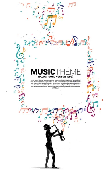 Flujo Nota Melodía Música Vectorial Con Hombre Saxofón Concepto Fondo — Vector de stock