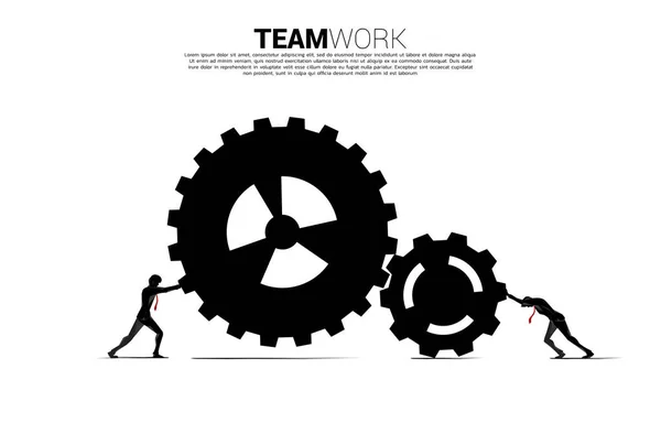 Silhouette Two Businessman Pushing Gears Work Concept Business Teamwork — Stock Vector