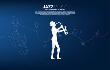 Saksafoncunun silueti ve tek satırdan notalar. Caz şarkısı ve konser teması için kavram arka planı.
