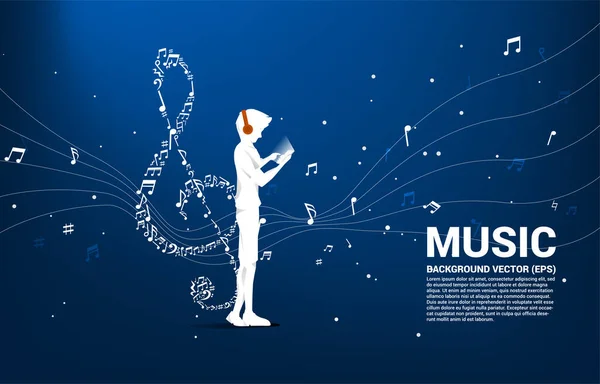 携帯電話とヘッドフォンと音楽のメロディーの形をしたベクトルマンは ソルキーダンスフローを形成します オンラインストリーミング音楽のコンセプトの背景 — ストックベクタ