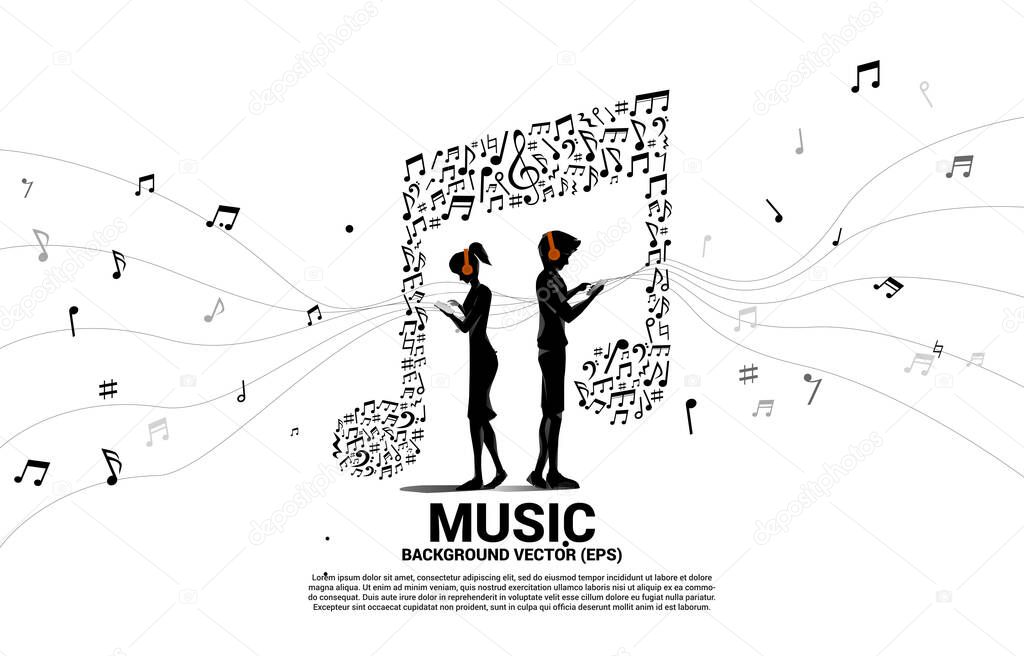 Vector man and woman wear mobile phone and headphone with music note dancing flow . Concept background for online streaming music.