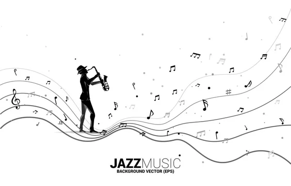 Silhouette Vectorielle Saxophoniste Avec Note Mélodie Musicale Dansant Flux Contexte — Image vectorielle