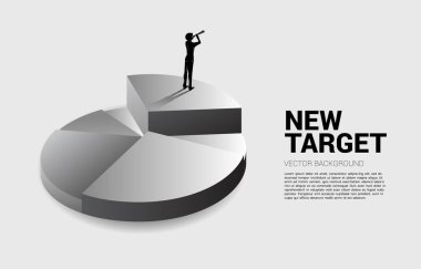 3D Pie Chart 'ta teleskoptan bakan iş adamı silueti. Görev için iş konsepti ve yeni hedef bulma.