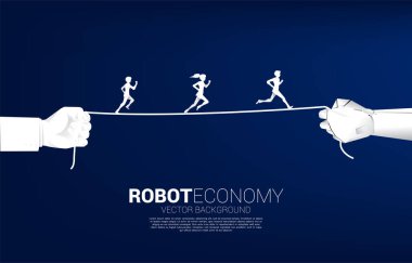 İş adamı ve iş kadınının silueti robot ve insan eliyle ip üzerinde koşuyor. İş dünyası ve robot ekonomisi kavramı.
