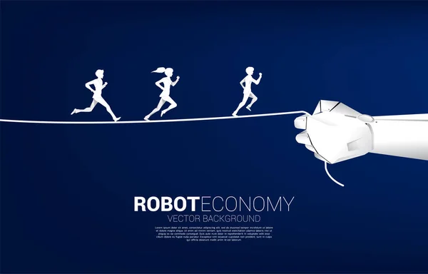 ロボットハンドでロープを走っているビジネスマンやビジネスマンのシルエット ビジネスチャレンジとロボット経済の概念 — ストックベクタ