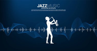 Müzik notası simgesi Ses Dalgası Equalizer arka planına sahip saksafoncunun vektör silueti. Caz şarkısı ve konser teması için kavram arka planı.
