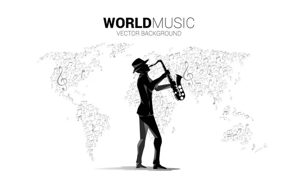 Vector Musik Melodie Fließen Mit Mann Und Saxophon Mit Weltkarte — Stockvektor