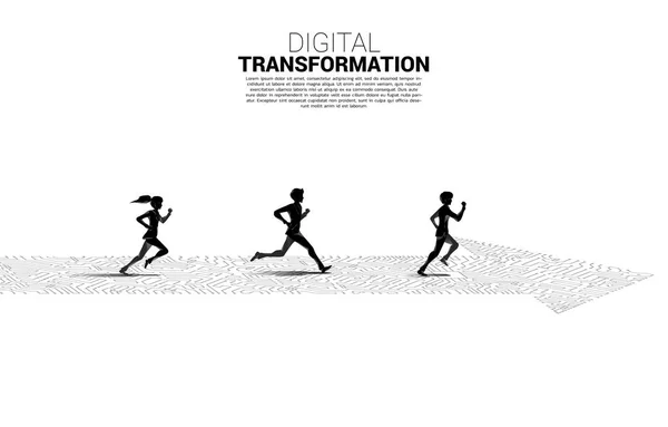 Silhuett Affärsman Och Affärskvinna Körs Pilen Väg Med Dot Connect — Stock vektor