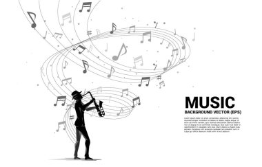 Vector silhouette of saxophonist with music melody note dancing flow . Concept background for classic music concert and recreation. clipart