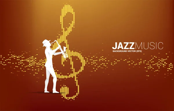 Vector Silhouet Van Saxofonist Met Muzieknoot Icoon Geluidsgolf Equalizer Achtergrond — Stockvector