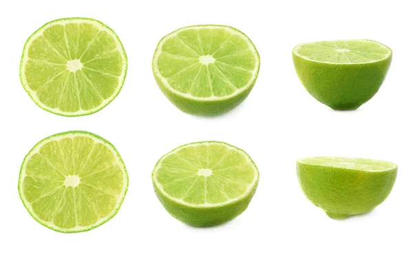 Set of ripe lime cuts in half isolated over the white background, three different foreshortenings — Stock Photo, Image