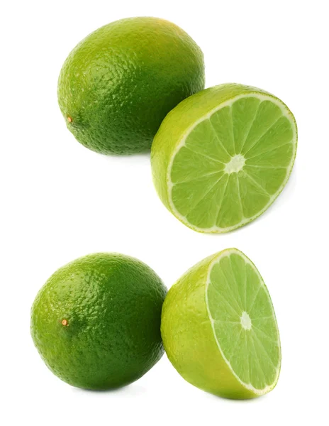 Composição de frutos de lima servida isolado sobre o fundo branco, conjunto de diferentes foreshortenings — Fotografia de Stock