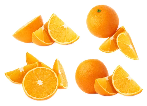 Composição de frutas laranja servida isolado sobre o fundo branco, conjunto de diferentes foreshortenings — Fotografia de Stock