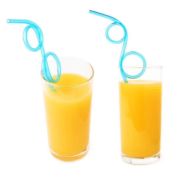 Tall glass filled with the orange juice and curved blue plastic drinking straw inside composition isolated, set of different foreshortenings — Stock Photo, Image