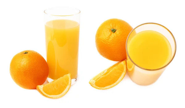 Bicchiere alto con succo d'arancia e frutta, composizione isolata sullo sfondo bianco, set di diversi scorci — Foto Stock