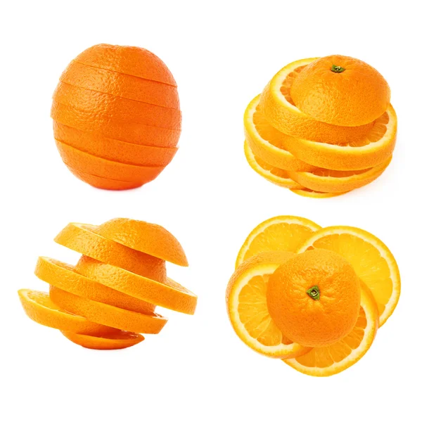 Naranja fresca cortada en rodajas aisladas sobre el fondo blanco, juego de diferentes escorzos —  Fotos de Stock