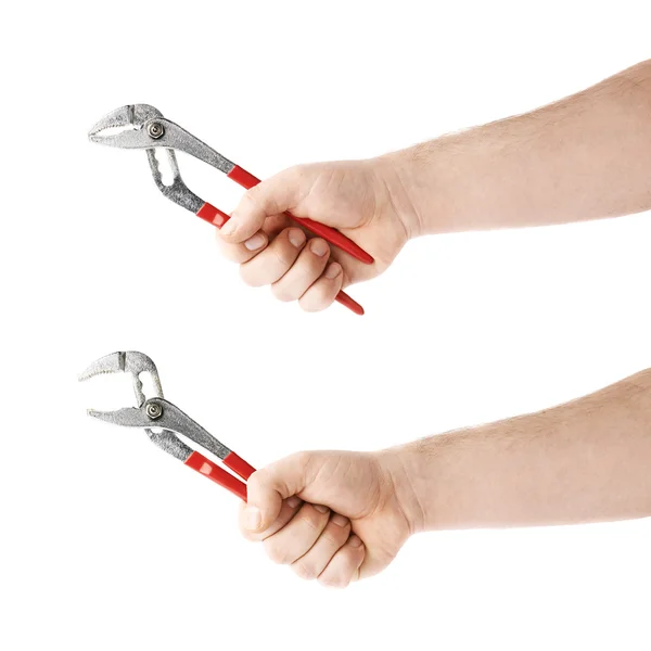 Set of hand holding a plumber wrench tool, composition isolated over the white background — Stock Photo, Image