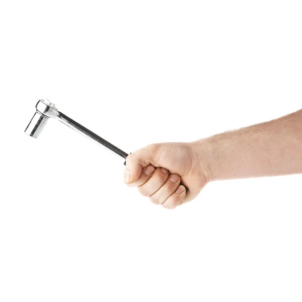 Hand som håller ett hylsnyckel verktyg, sammansättning isolerad över den vita bakgrunden — Stockfoto