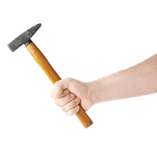 Mano sosteniendo una herramienta de martillo, composición aislada sobre el fondo blanco — Foto de Stock